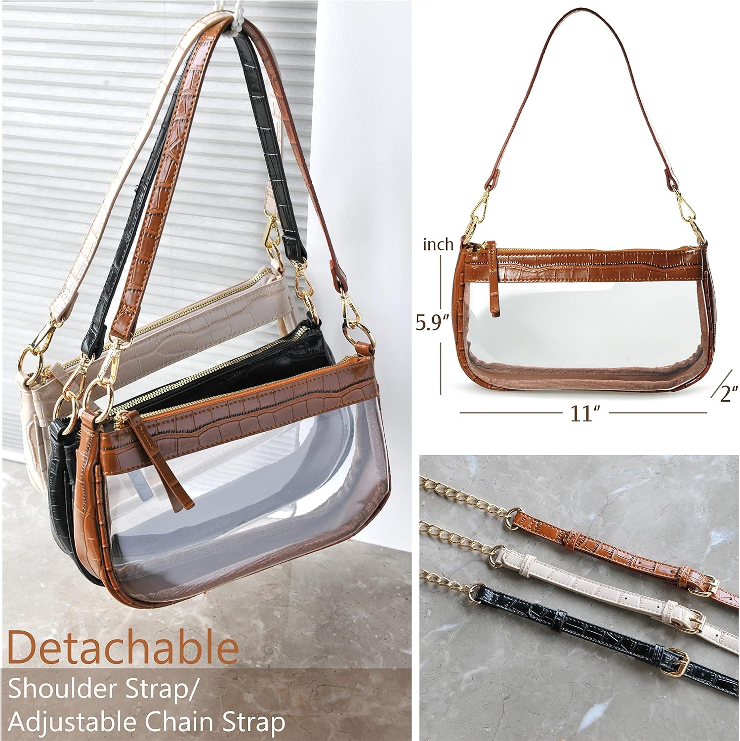 image:imageClear Shoulder Handbag PVC Classic 90s Purse Women Vegan Leather Crocodile Crossbody BagBrown