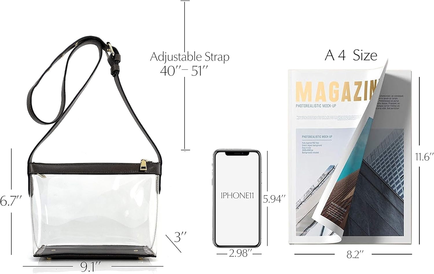image:imageClear Zipper Cross Body Bag with Vegan Leather TrimBlack