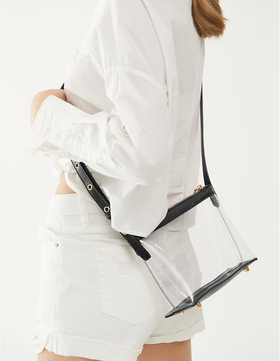 image:imageClear Zipper Cross Body Bag with Vegan Leather TrimBlack