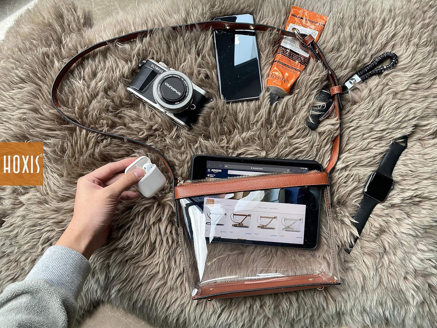 image:imageClear Zipper Cross Body Bag with Vegan Leather TrimBrown
