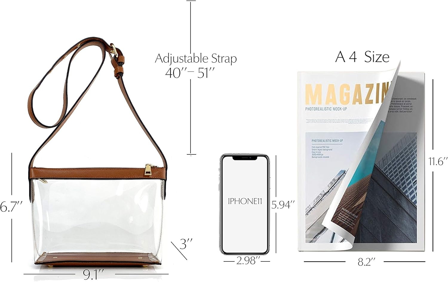 image:imageClear Zipper Cross Body Bag with Vegan Leather TrimBrown