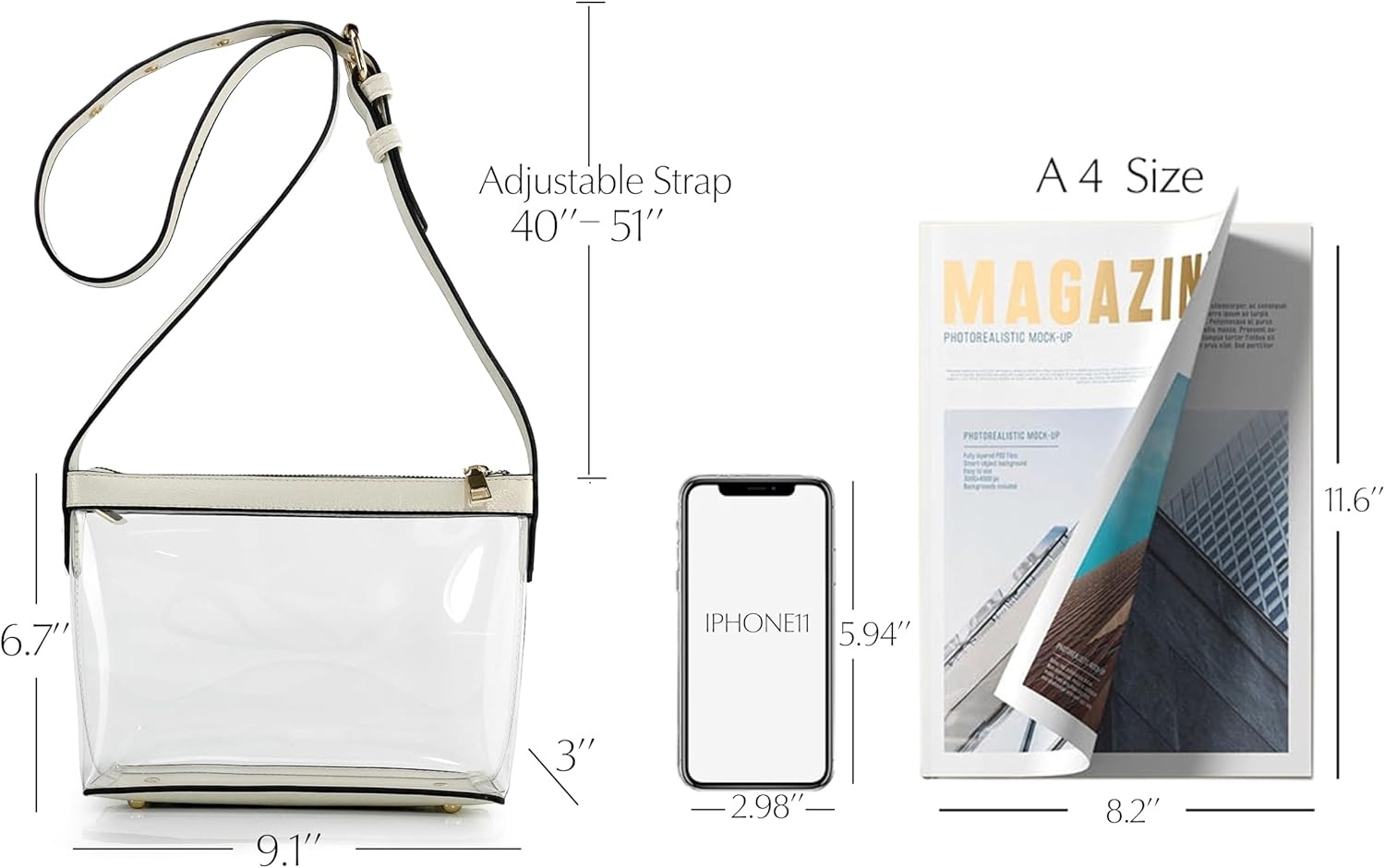 image:imageClear Zipper Cross Body Bag with Vegan Leather TrimIvory