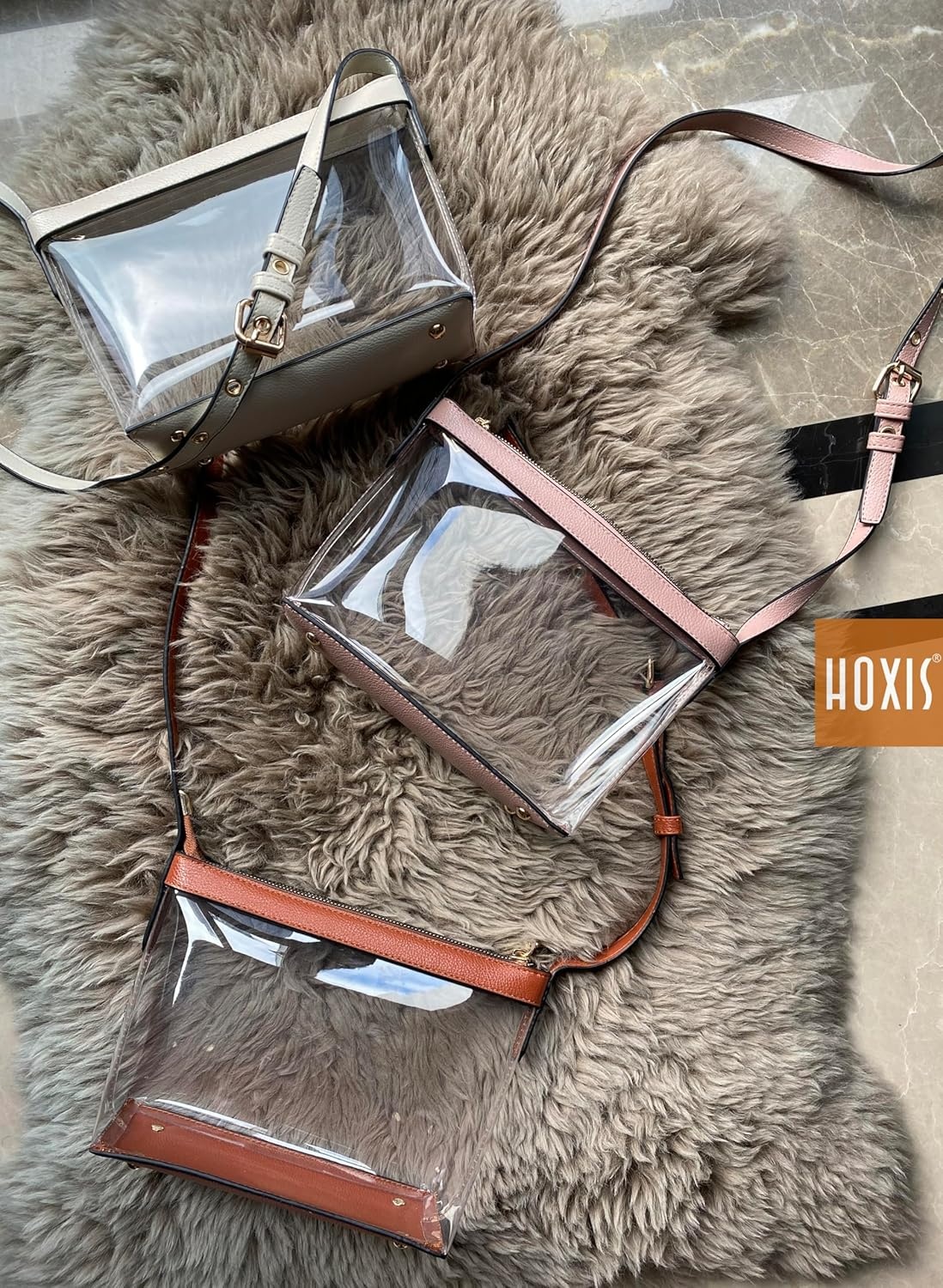 image:imageClear Zipper Cross Body Bag with Vegan Leather TrimIvory