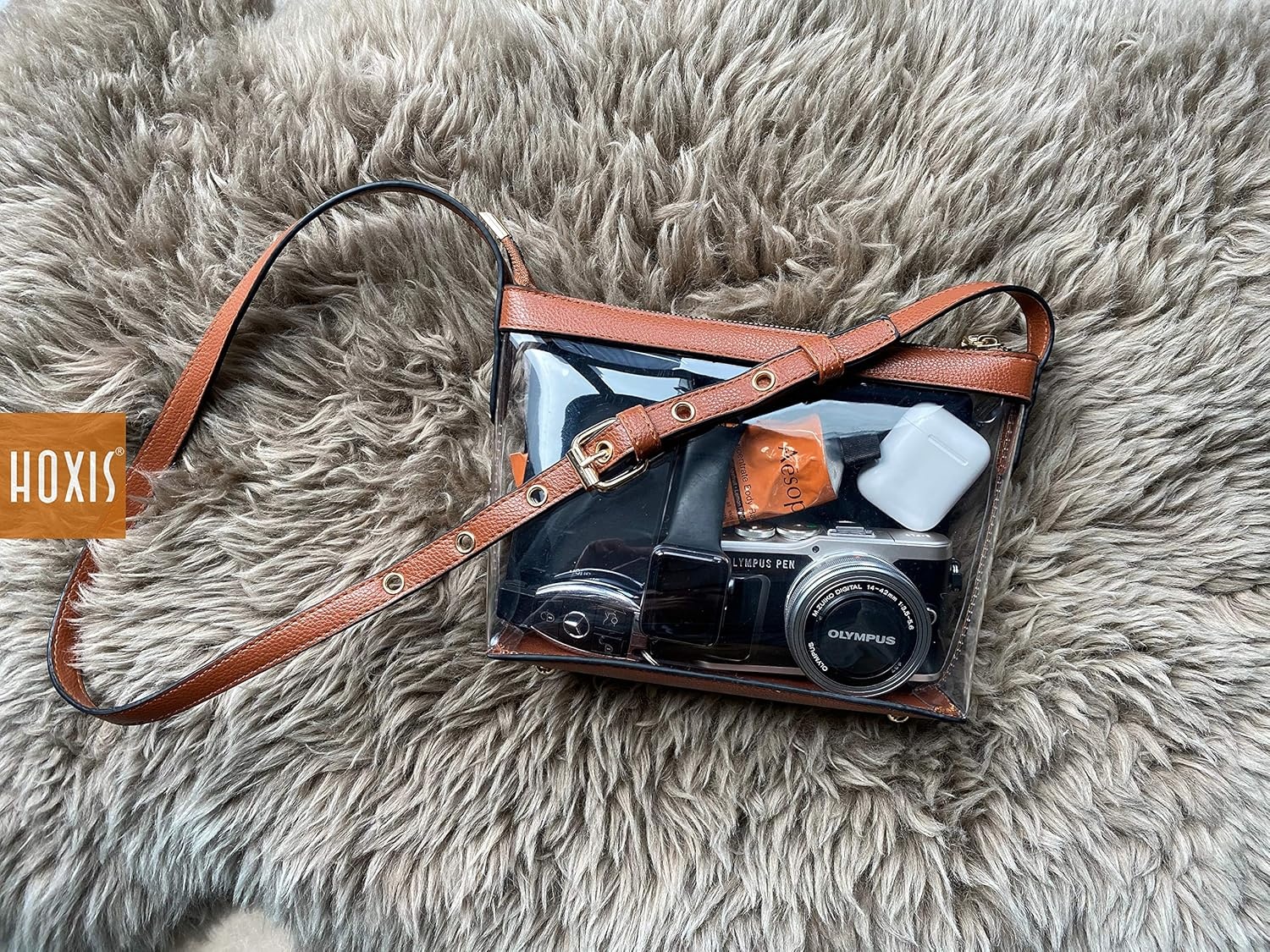 image:imageClear Zipper Cross Body Bag with Vegan Leather TrimIvory