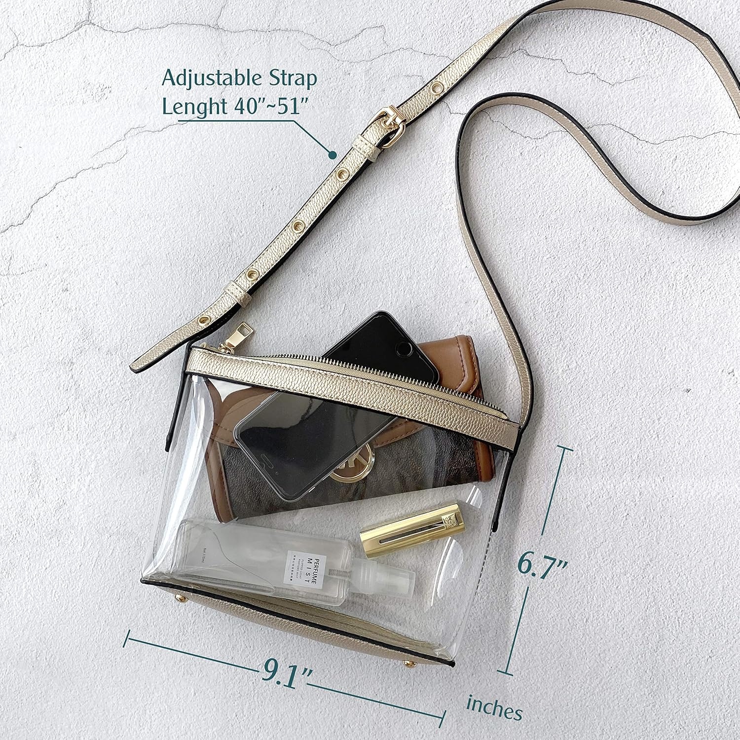 image:imageClear Zipper Cross Body Bag with Vegan Leather TrimLight Gold