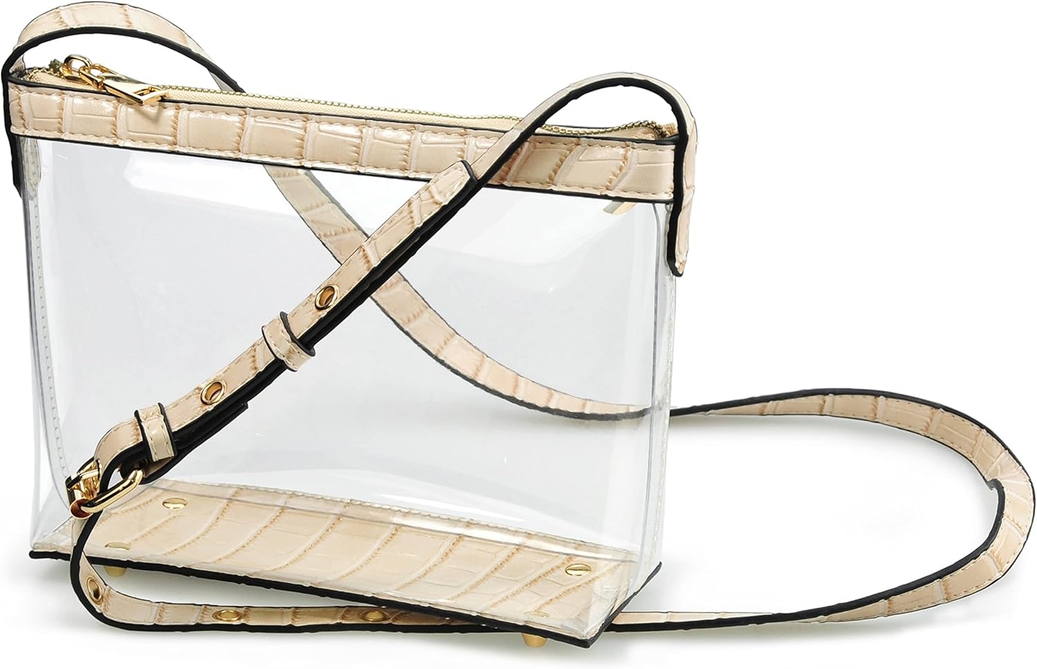 image:imageClear Zipper Cross Body Bag with Vegan Leather TrimNude Crocodile Print