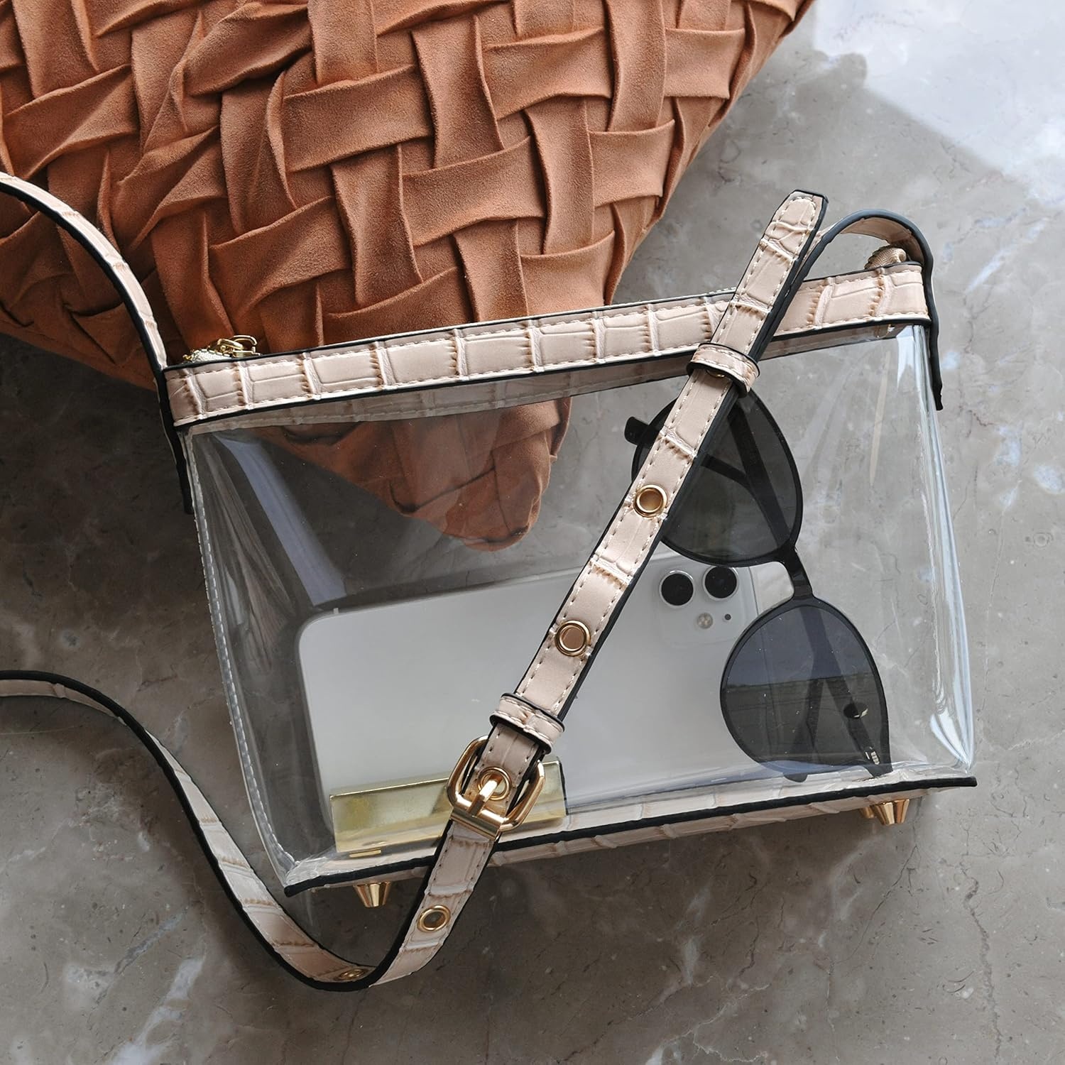 image:imageClear Zipper Cross Body Bag with Vegan Leather TrimNude Crocodile Print