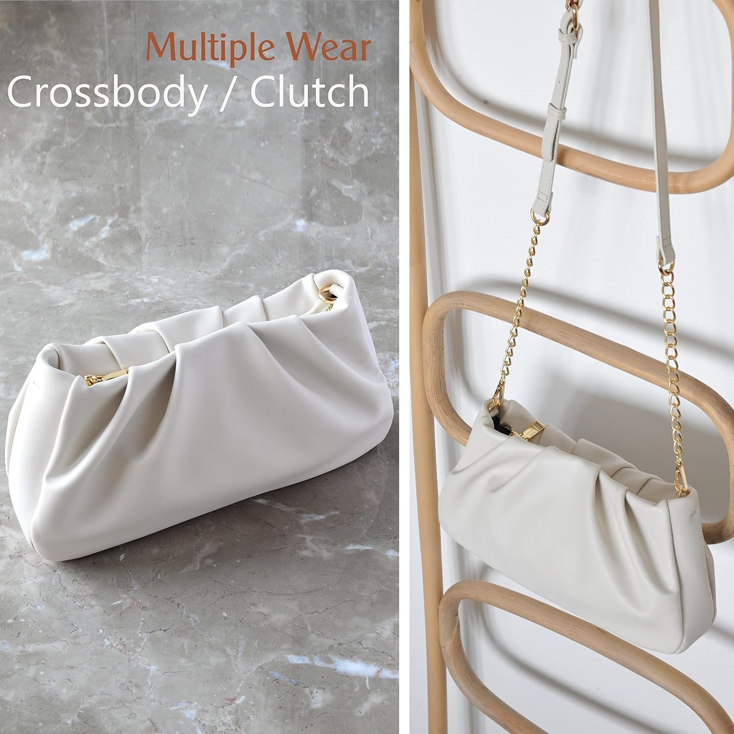 image:imageCloud Pouch Bag Women Shoulder Handbag Soft Vegan Leather Vintage Hobo Chain Cross body BagIvory