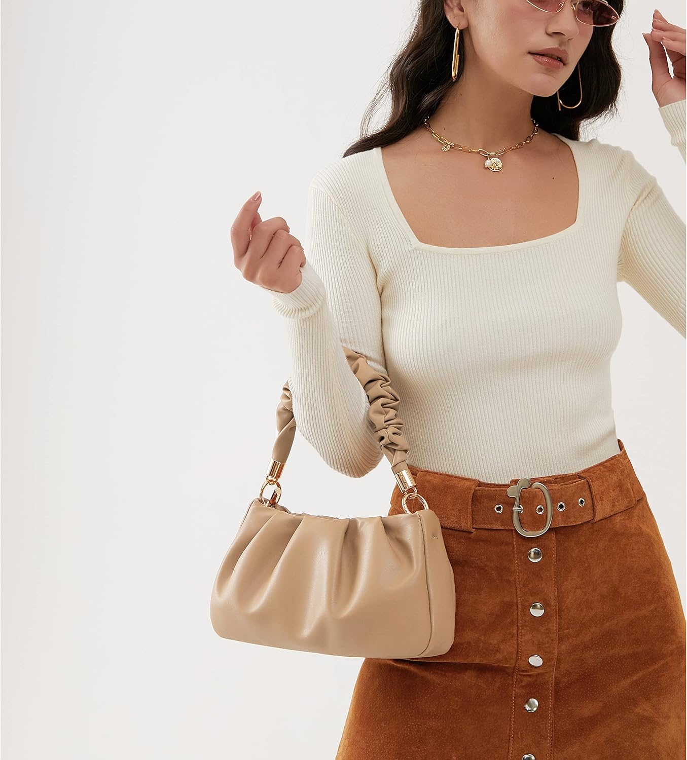 image:imageCloud Pouch Bag Women Shoulder Handbag Soft Vegan Leather Vintage Hobo Chain Cross body BagNude
