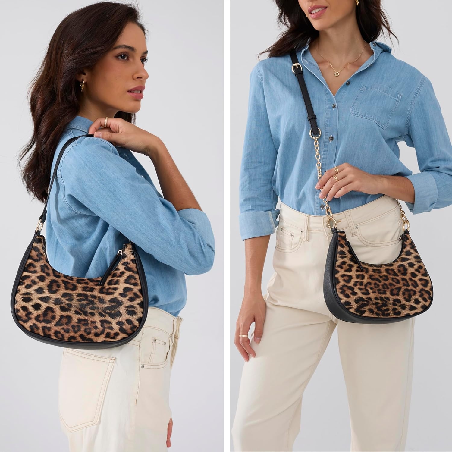 image:imageCrescent Shoulder Bag for Women Leopard Print Vegan Leather Crossbody with Chain Strap Underarm PurseLeopard Printbrown