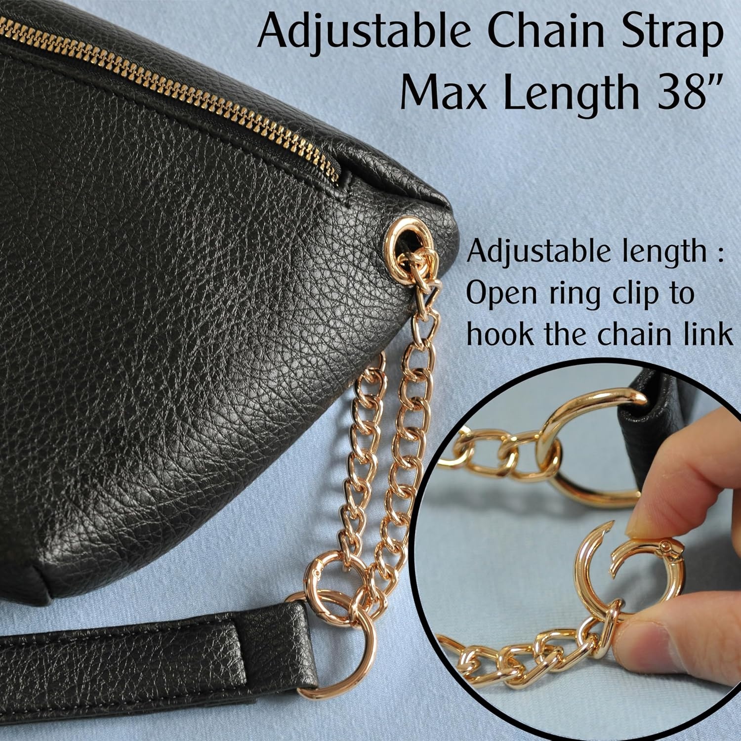 image:imageFanny Pack for Women Vegan Leather Cross body Chain Belt Purse Chest Bag Bum Hip Waist Pack for Travel Outdoor Hiking Black