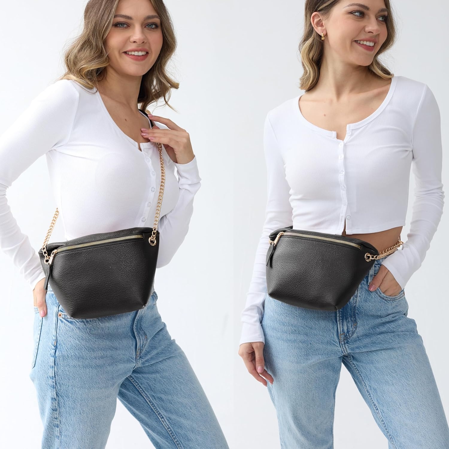 image:imageFanny Pack for Women Vegan Leather Cross body Chain Belt Purse Chest Bag Bum Hip Waist Pack for Travel Outdoor Hiking Black