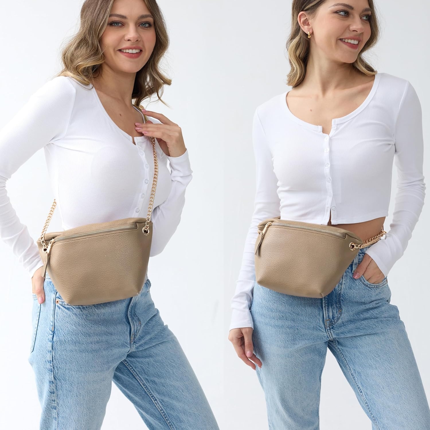 image:imageFanny Pack for Women Vegan Leather Cross body Chain Belt Purse Chest Bag Bum Hip Waist Pack for Travel Outdoor Hiking Nude