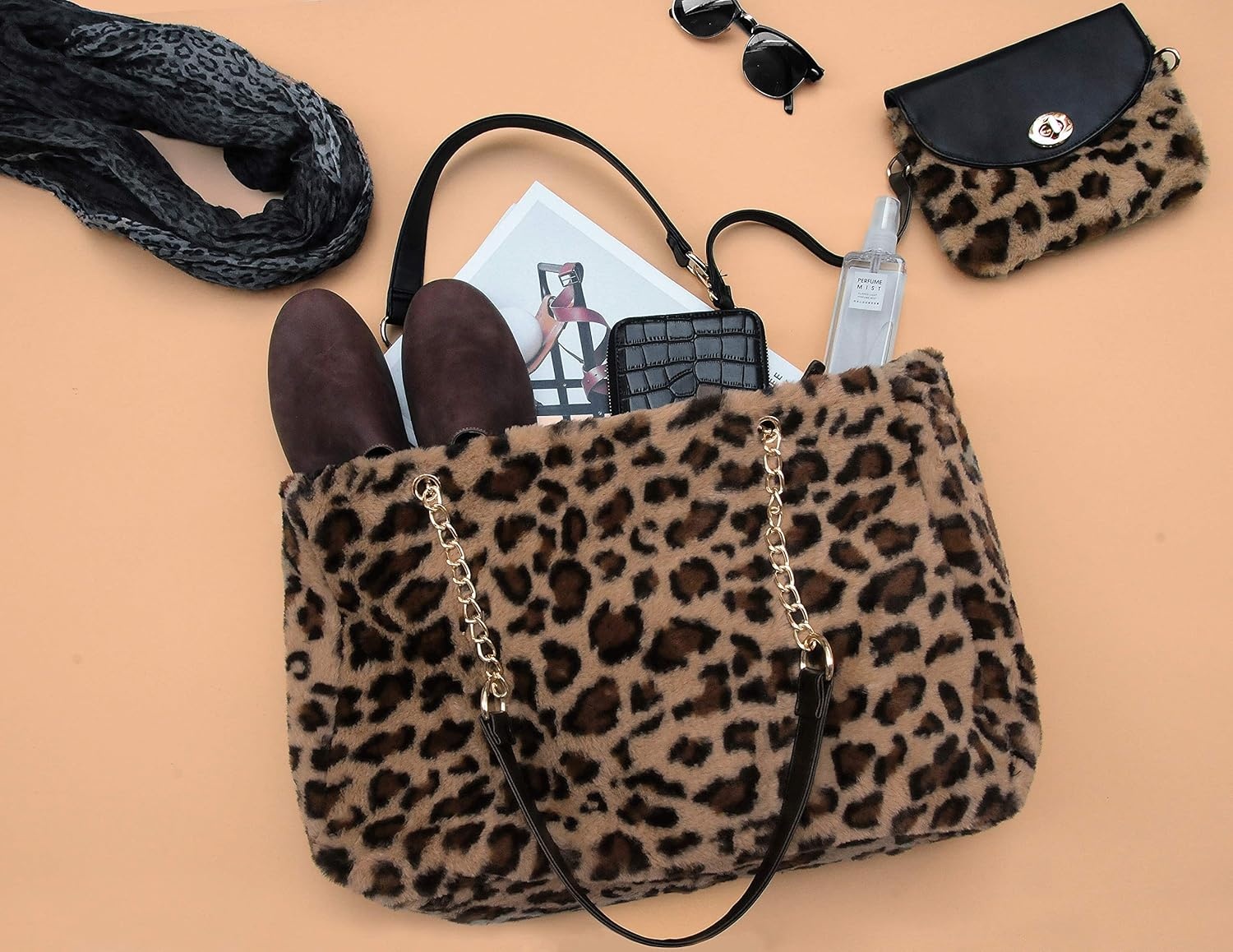 image:imageFur Carryall Tote Bag with Wristlet Clutch Women Chain Shoulder Handbag
