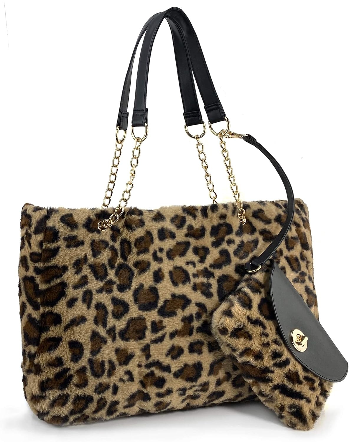 image:imageFur Carryall Tote Bag with Wristlet Clutch Women Chain Shoulder Handbag
