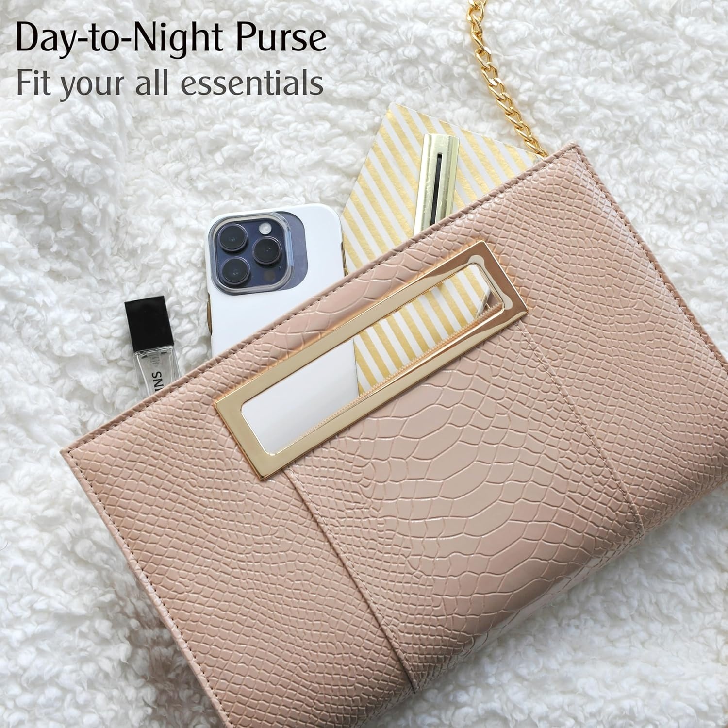 image:imageHOXIS Classic Crocodile Pattern Faux Leather Metal Grip Cut it out Clutch with Chain Shoulder Strap Womens Handbag Crocodile Pattern Faux Leather Metal Grip Cut it out with Shoulder StrapNudepink