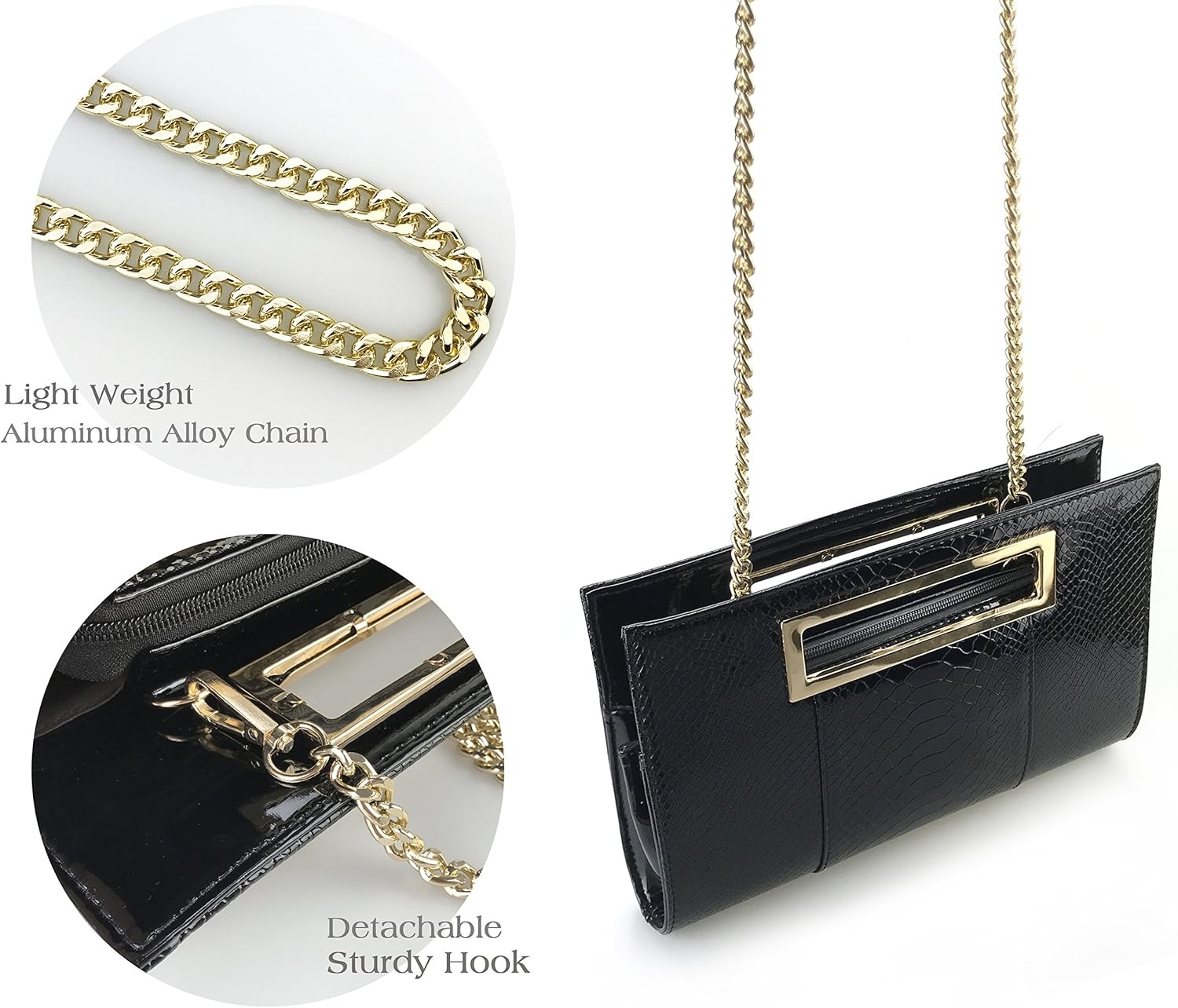 image:imageHOXIS Classic Crocodile Pattern Faux Leather Metal Grip Cut it out Clutch with Chain Shoulder Strap Womens Handbag Crocodile Pattern Faux Leather Metal Grip Cut it out with Shoulder StrapBlack