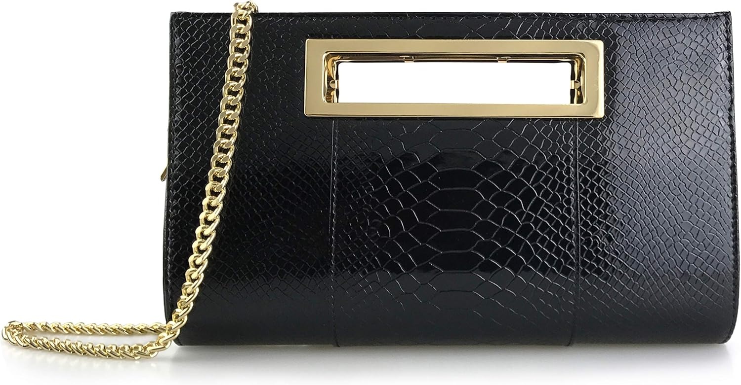 image:imageHOXIS Classic Crocodile Pattern Faux Leather Metal Grip Cut it out Clutch with Chain Shoulder Strap Womens Handbag Crocodile Pattern Faux Leather Metal Grip Cut it out with Shoulder StrapBlack