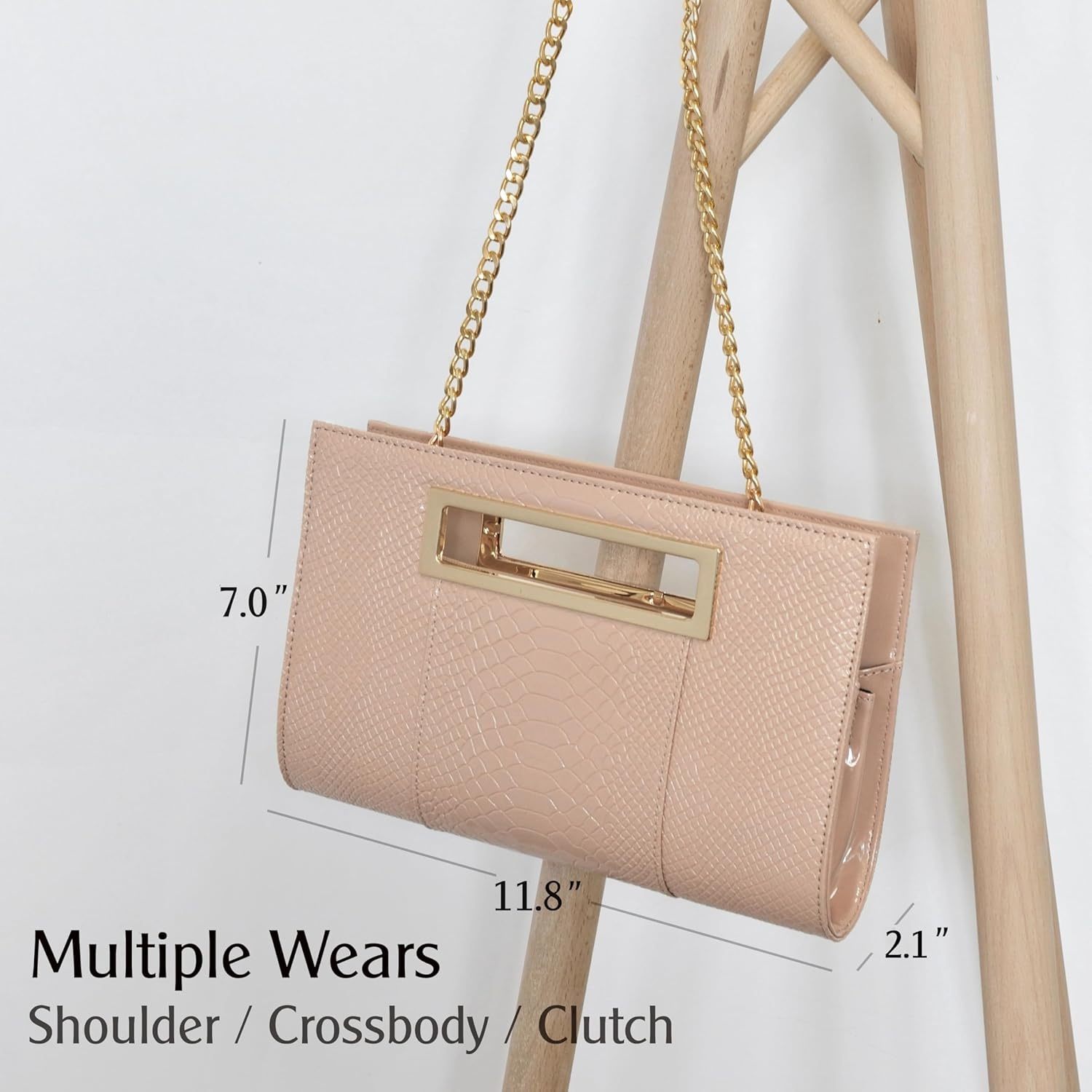 image:imageHOXIS Classic Crocodile Pattern Faux Leather Metal Grip Cut it out Clutch with Chain Shoulder Strap Womens Handbag Crocodile Pattern Faux Leather Metal Grip Cut it out with Shoulder StrapNudepink