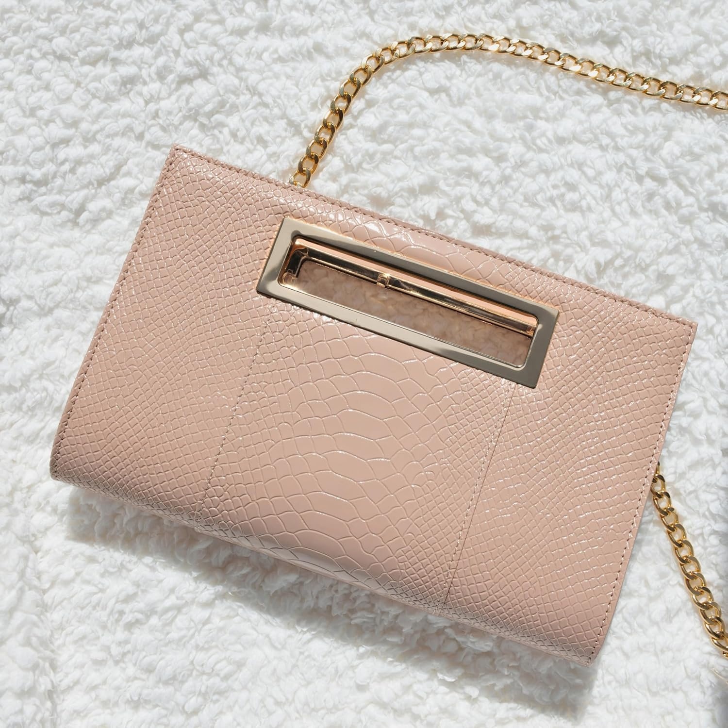 image:imageHOXIS Classic Crocodile Pattern Faux Leather Metal Grip Cut it out Clutch with Chain Shoulder Strap Womens Handbag Crocodile Pattern Faux Leather Metal Grip Cut it out with Shoulder StrapNudepink