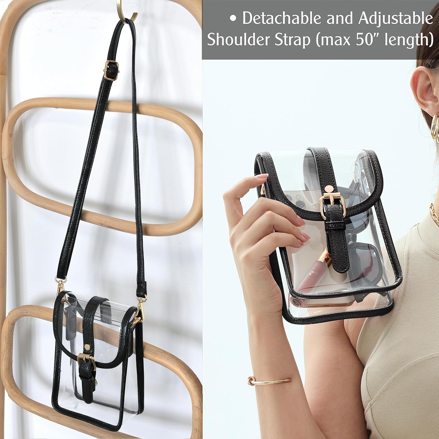 image:imageHOXIS Clear PVC Saddle Crossbody Bag for Stadium Approved Womens Transparent Purse Small Size Chain Shoulder Bag Phone PouchBlack