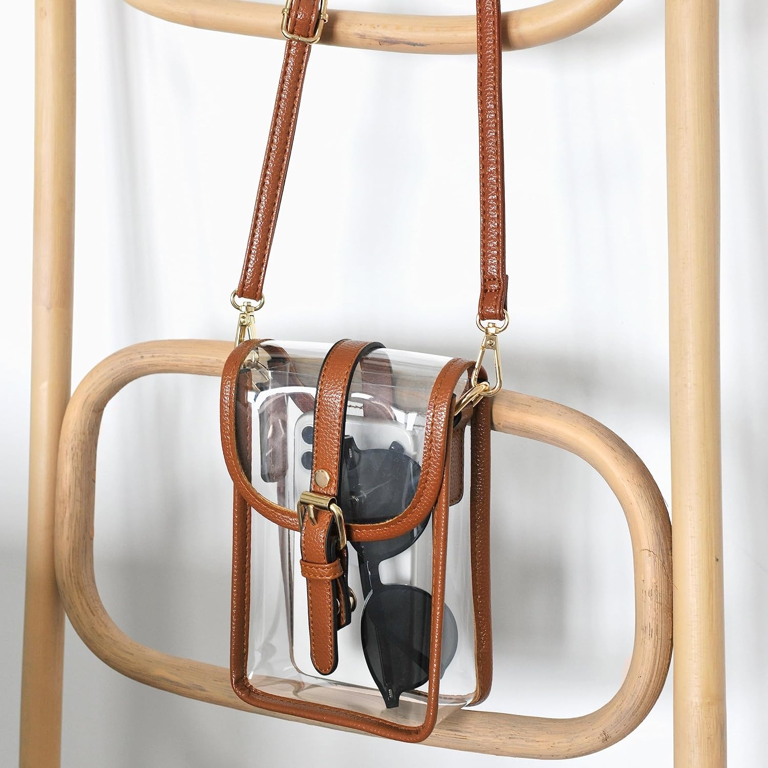 image:imageHOXIS Clear PVC Saddle Crossbody Bag for Stadium Approved Womens Transparent Purse Small Size Chain Shoulder Bag Phone PouchBrown