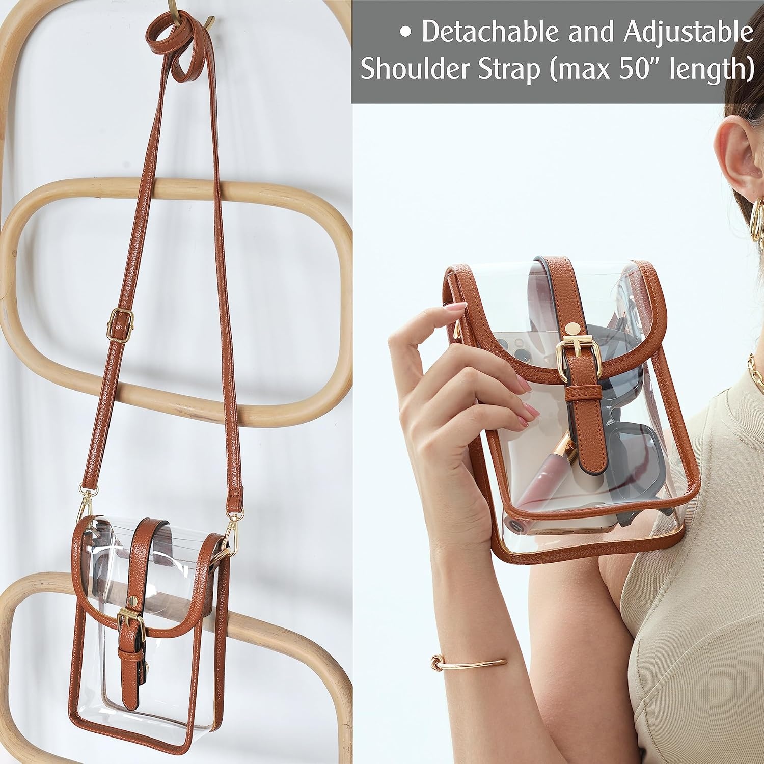 image:imageHOXIS Clear PVC Saddle Crossbody Bag for Stadium Approved Womens Transparent Purse Small Size Chain Shoulder Bag Phone PouchBrown