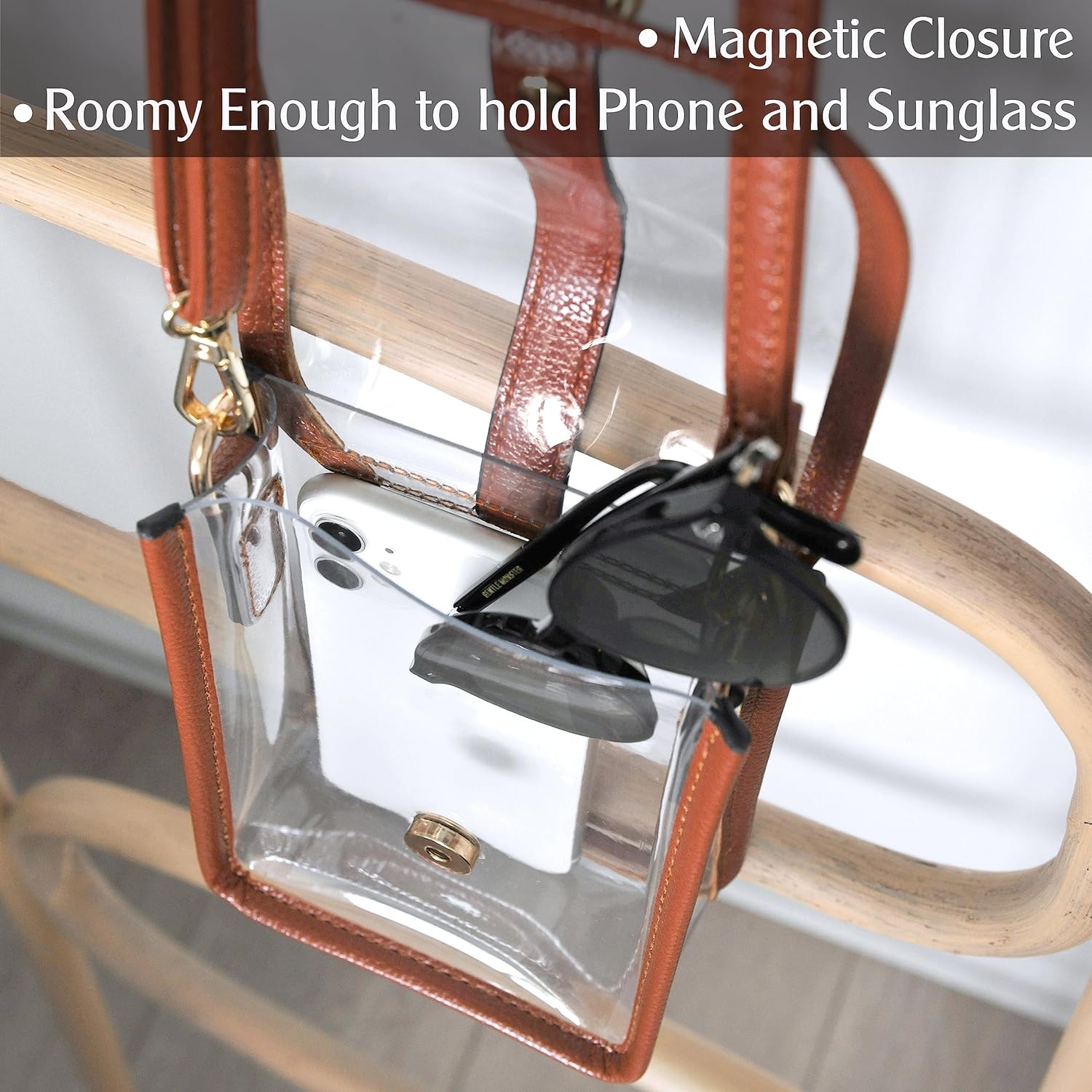 image:imageHOXIS Clear PVC Saddle Crossbody Bag for Stadium Approved Womens Transparent Purse Small Size Chain Shoulder Bag Phone PouchBrown