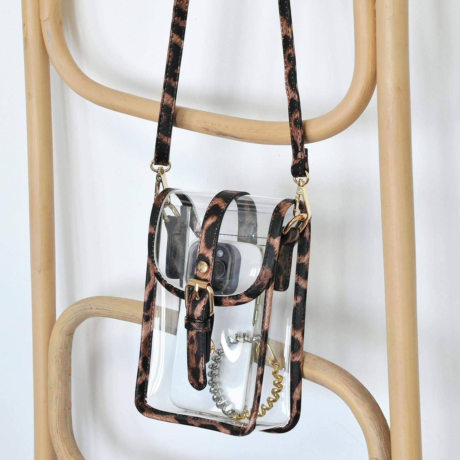 image:imageHOXIS Clear PVC Saddle Crossbody Bag for Stadium Approved Womens Transparent Purse Small Size Chain Shoulder Bag Phone PouchLeopard Print