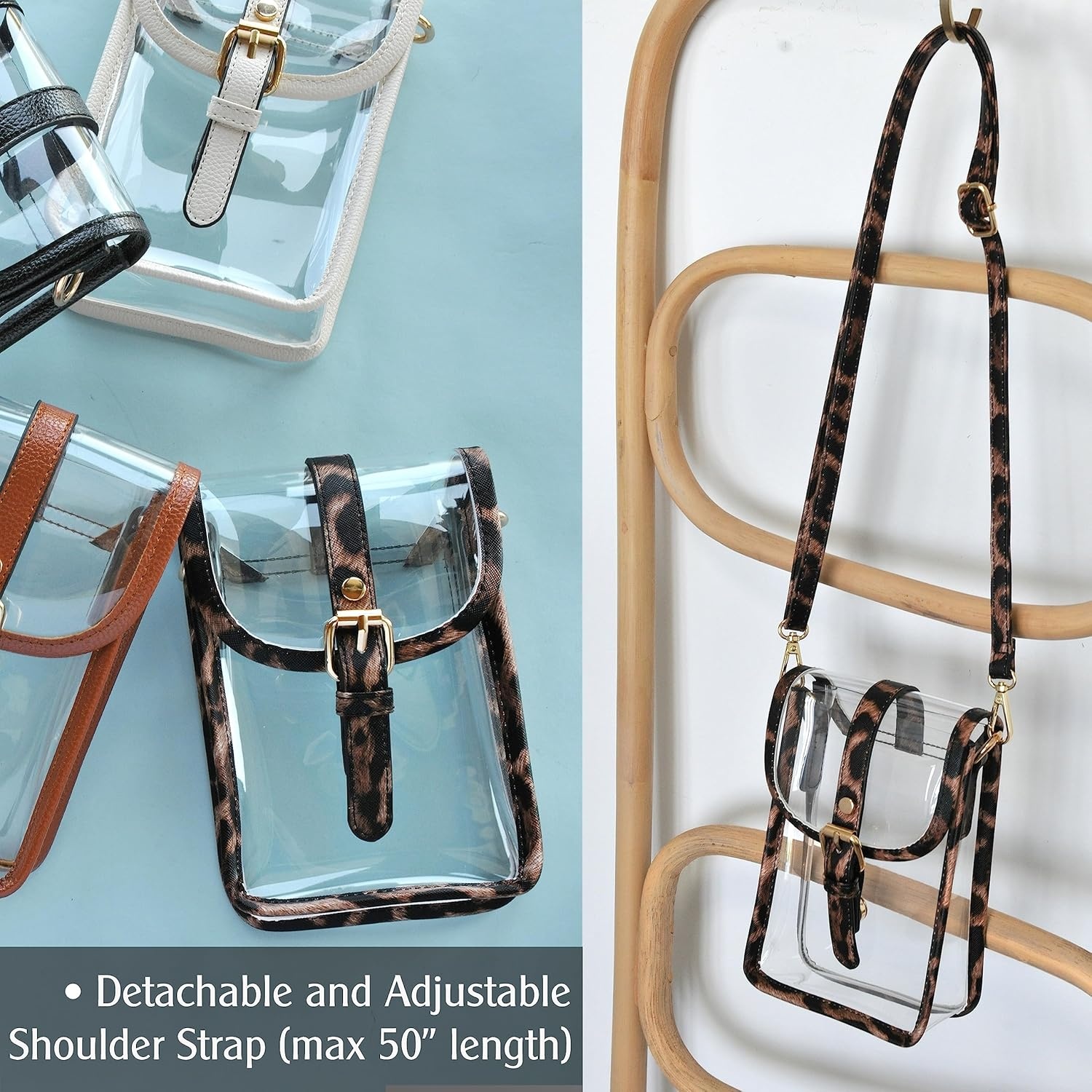 image:imageHOXIS Clear PVC Saddle Crossbody Bag for Stadium Approved Womens Transparent Purse Small Size Chain Shoulder Bag Phone PouchLeopard Print