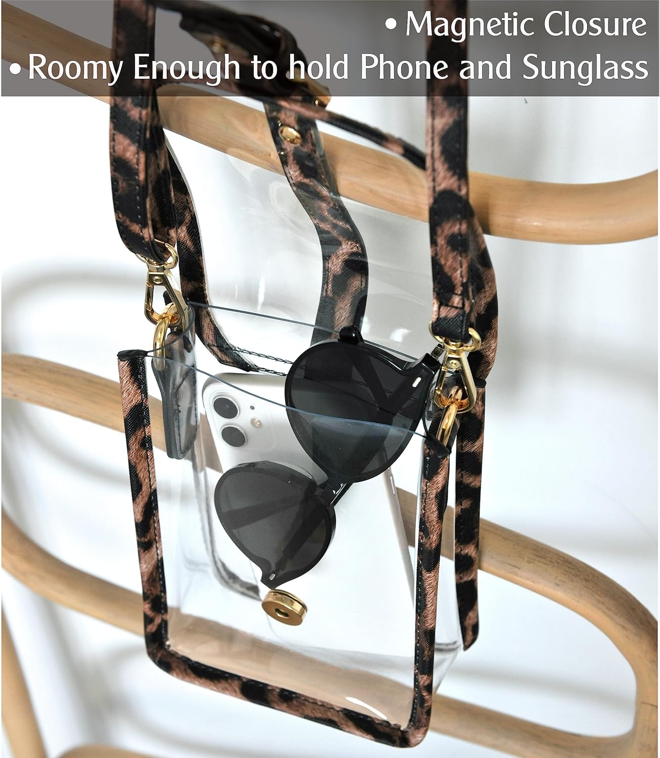 image:imageHOXIS Clear PVC Saddle Crossbody Bag for Stadium Approved Womens Transparent Purse Small Size Chain Shoulder Bag Phone PouchLeopard Print