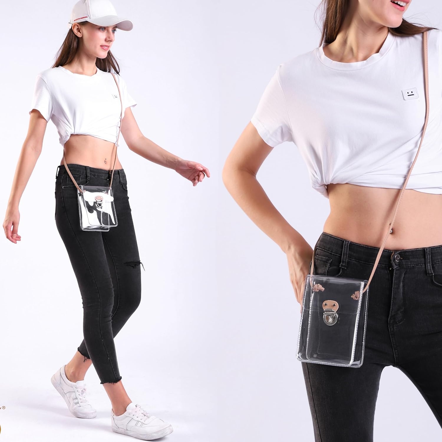 image:imageHOXIS Clear PVC Small Crossbody Bag for Stadium Approved Womens Purse Transparent Shoulder Bag Cell Phone Pouch BlackNude