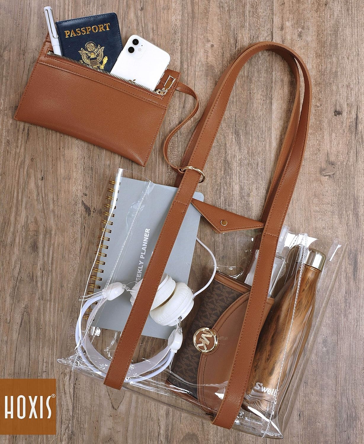 image:imageHOXIS Clear Tote with Vegan Leather Pouch Women Weekender PVC Handbag Shopper Work Bag