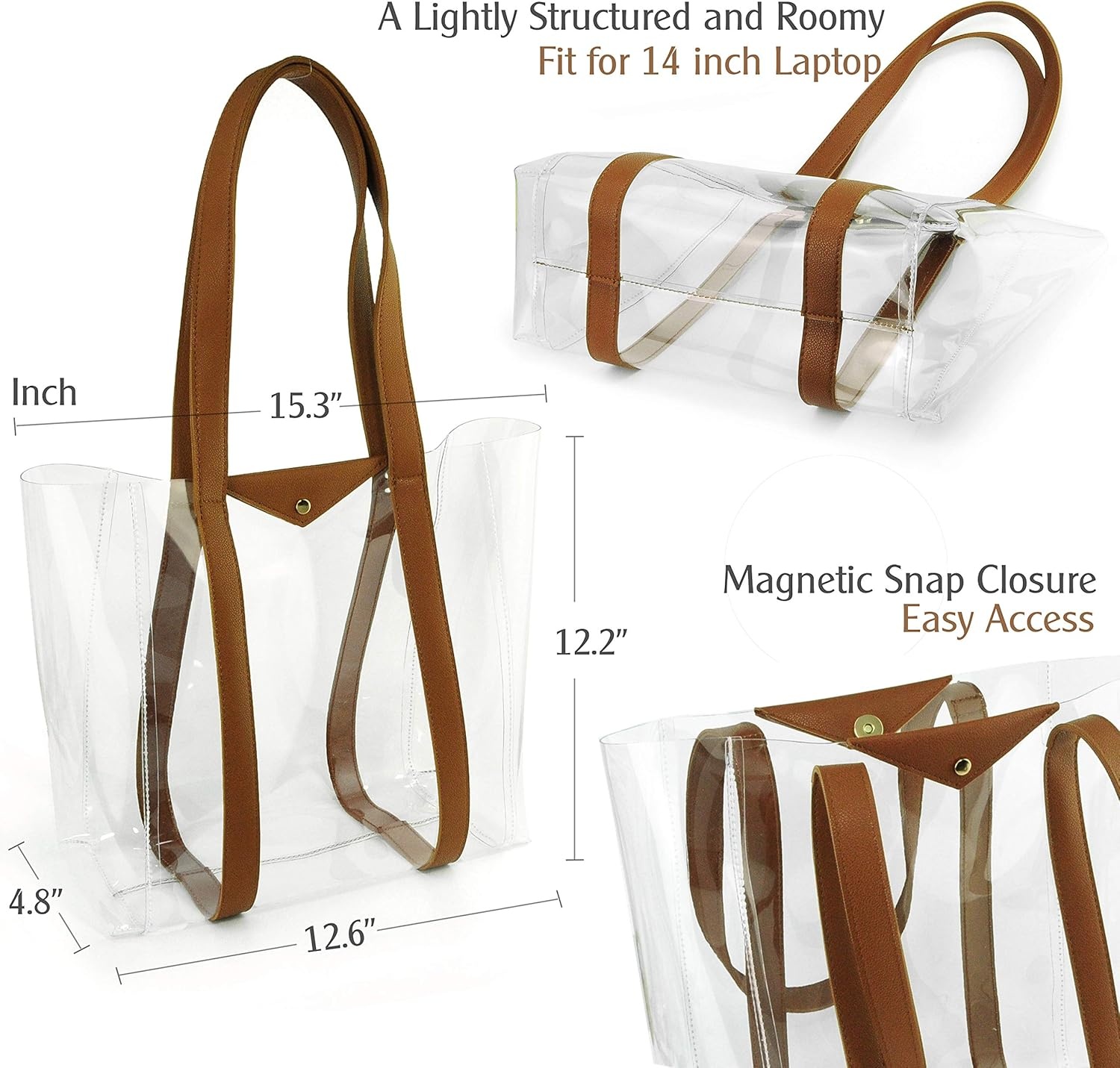 image:imageHOXIS Clear Tote with Vegan Leather Pouch Women Weekender PVC Handbag Shopper Work Bag