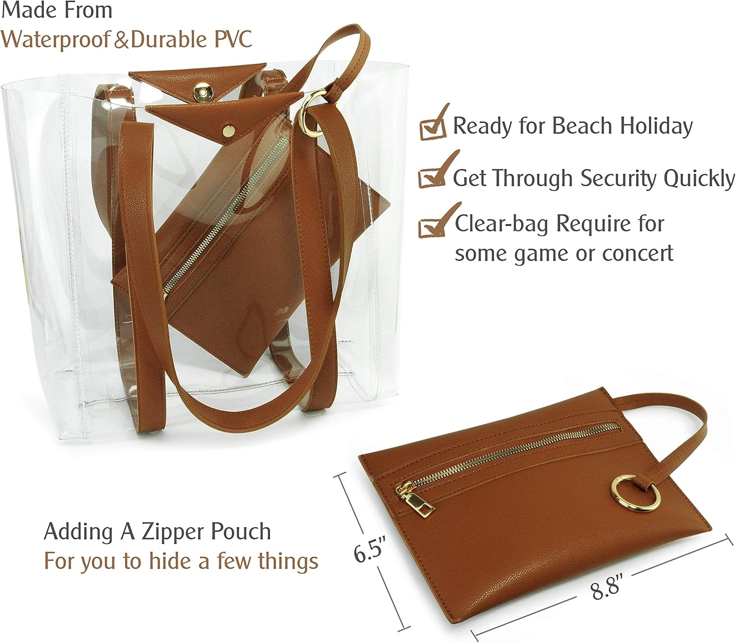 image:imageHOXIS Clear Tote with Vegan Leather Pouch Women Weekender PVC Handbag Shopper Work Bag