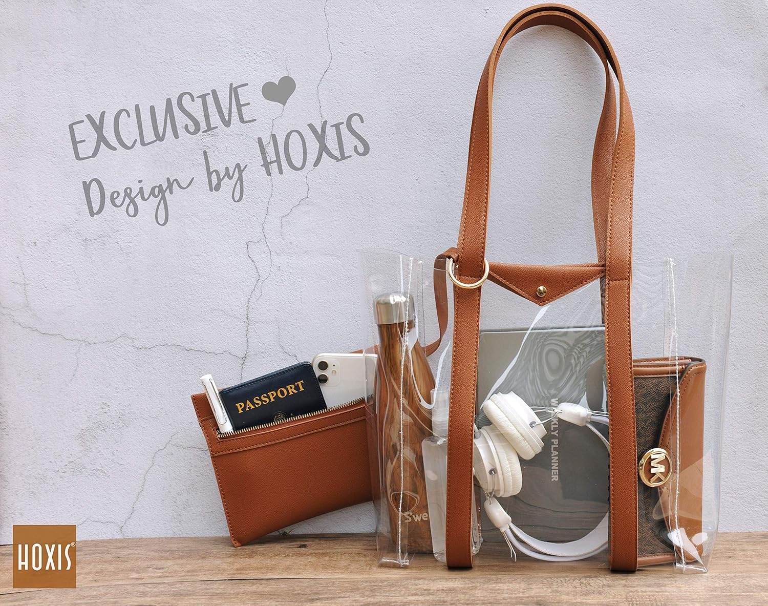 image:imageHOXIS Clear Tote with Vegan Leather Pouch Women Weekender PVC Handbag Shopper Work Bag