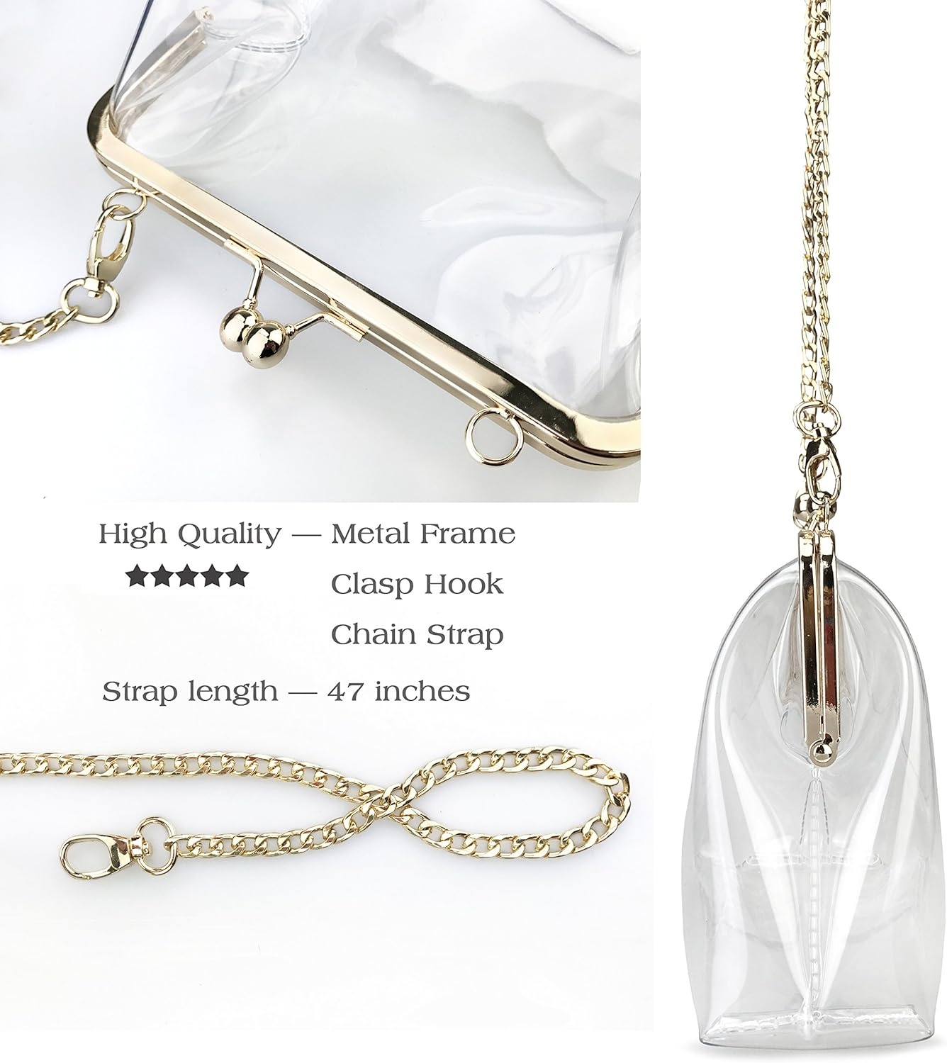 image:imageHOXIS Clear Transparent PVC Kiss Lock Chain Cross Body Bag Womens ClutchClear