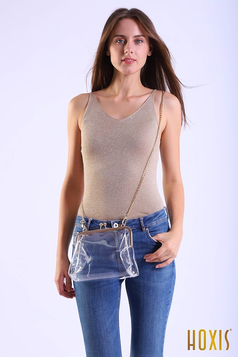 image:imageHOXIS Clear Transparent PVC Kiss Lock Chain Cross Body Bag Womens ClutchClear