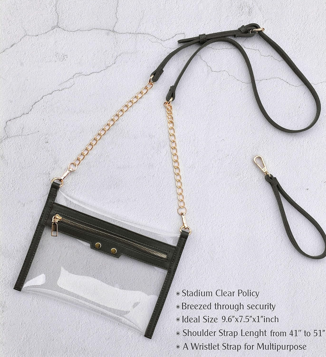 image:imageHOXIS Clear Zipper Purse Stadium Approved Women Chain Crossbody Bag Convertible Wristlet ClutchBlack