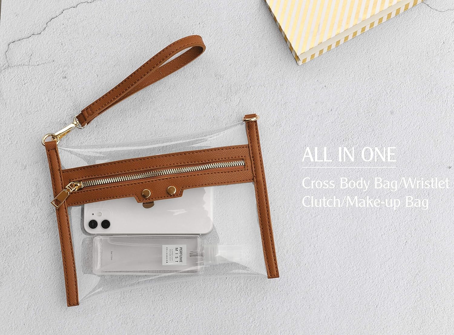image:imageHOXIS Clear Zipper Purse Stadium Approved Women Chain Crossbody Bag Convertible Wristlet ClutchBrown