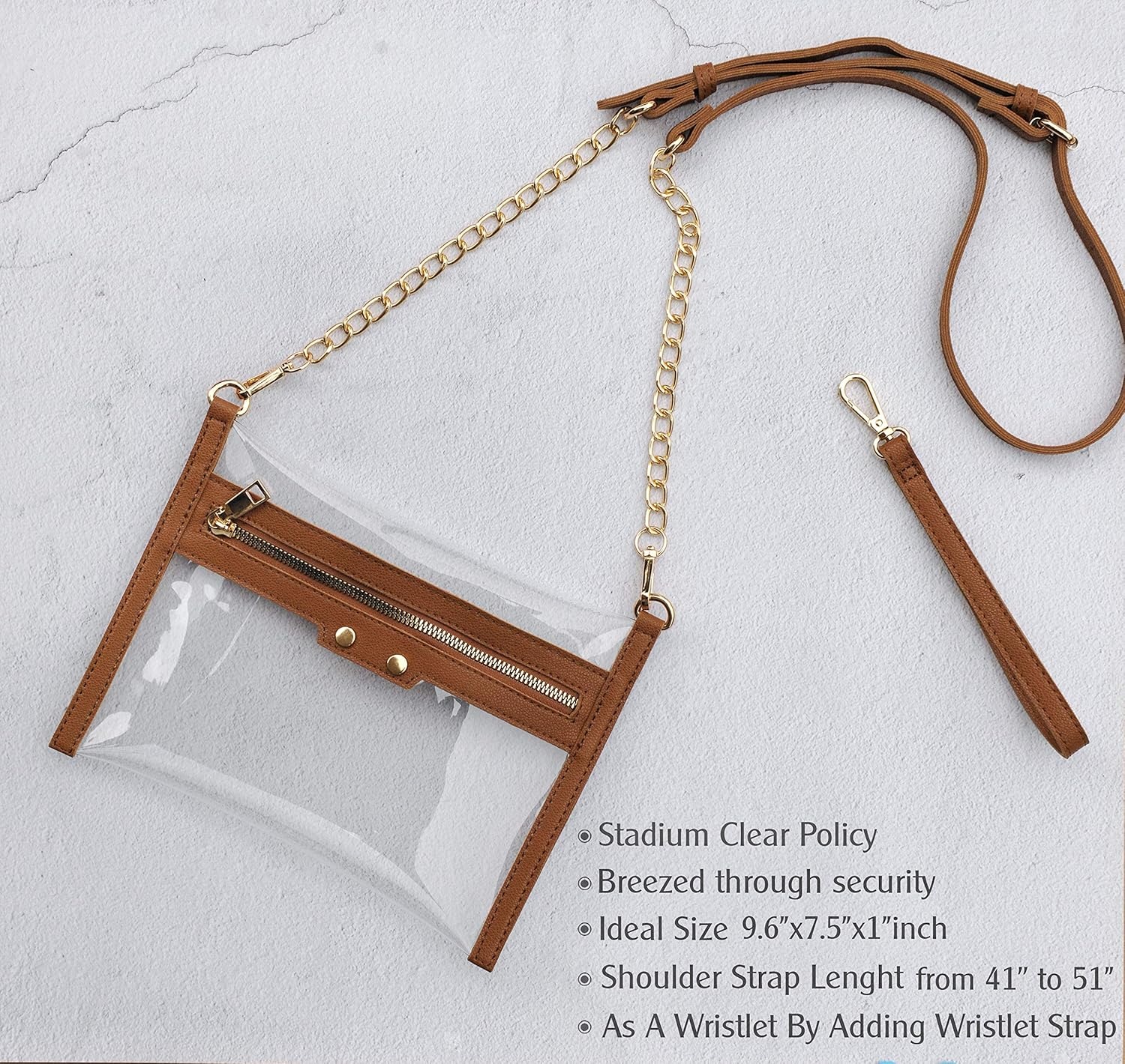 image:imageHOXIS Clear Zipper Purse Stadium Approved Women Chain Crossbody Bag Convertible Wristlet ClutchBrown