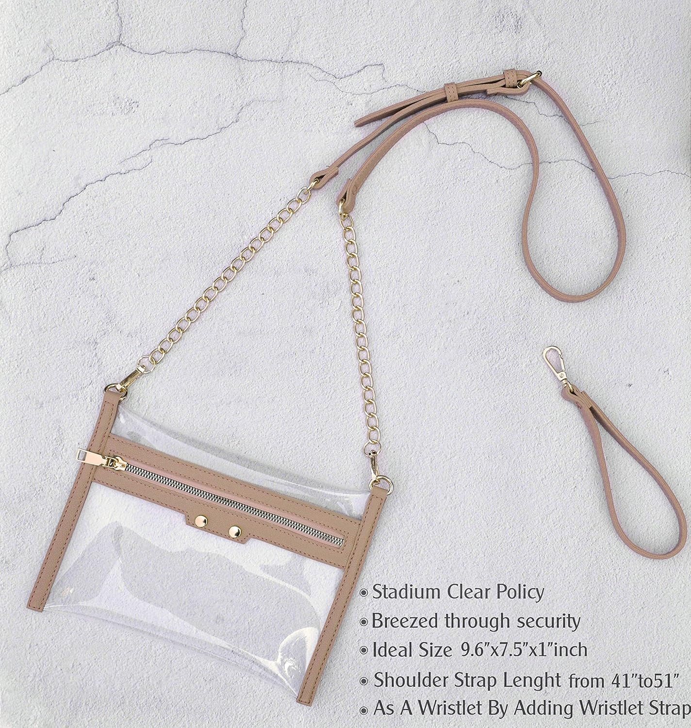 image:imageHOXIS Clear Zipper Purse Stadium Approved Women Chain Crossbody Bag Convertible Wristlet ClutchPink