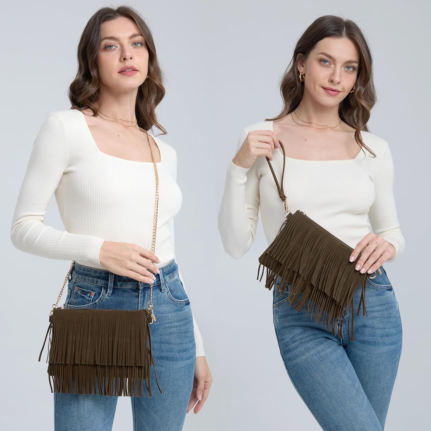 image:imageHOXIS Fringe Cross Body Bag Womens Small Shoulder Bag Top Zip WristletCoffee