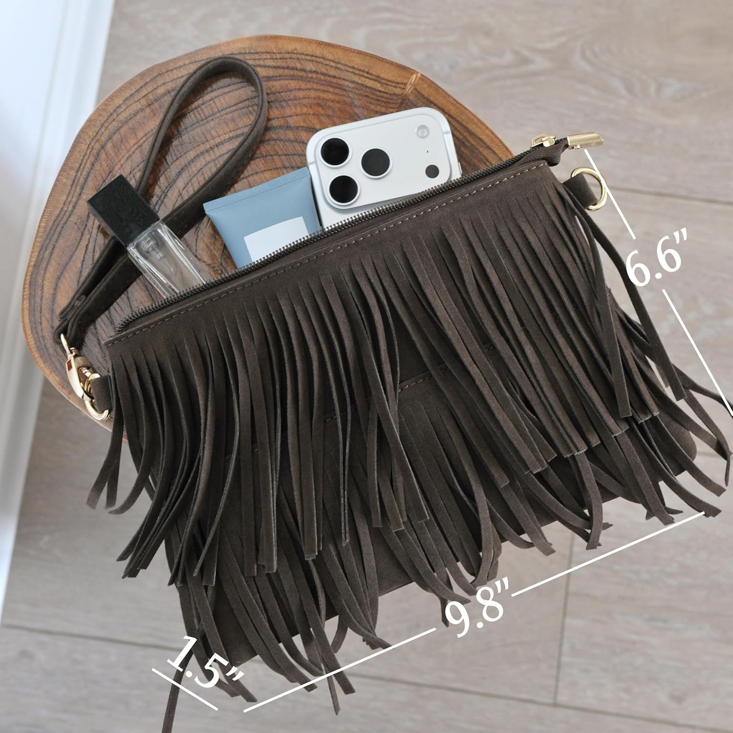 image:imageHOXIS Fringe Cross Body Bag Womens Small Shoulder Bag Top Zip WristletCoffee