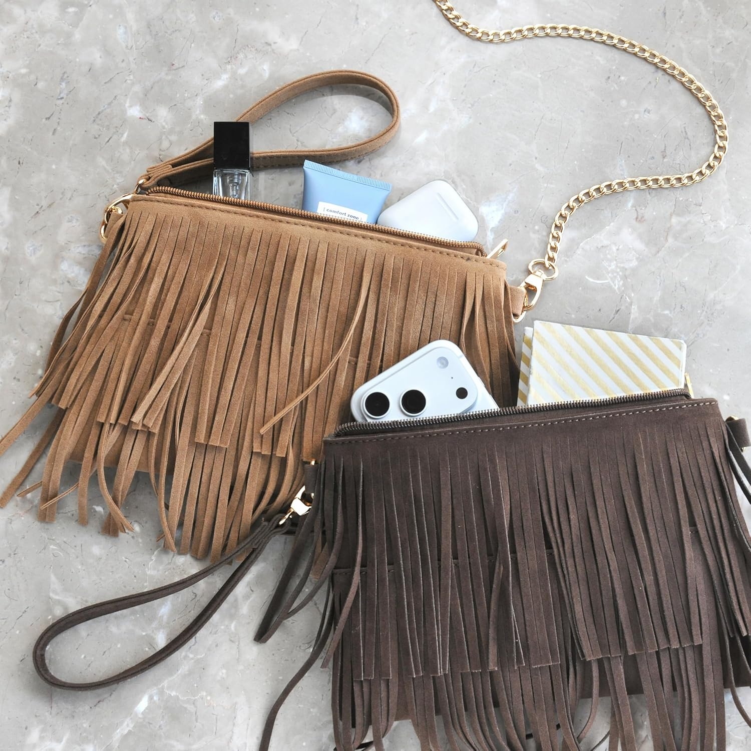 image:imageHOXIS Fringe Cross Body Bag Womens Small Shoulder Bag Top Zip WristletCoffee