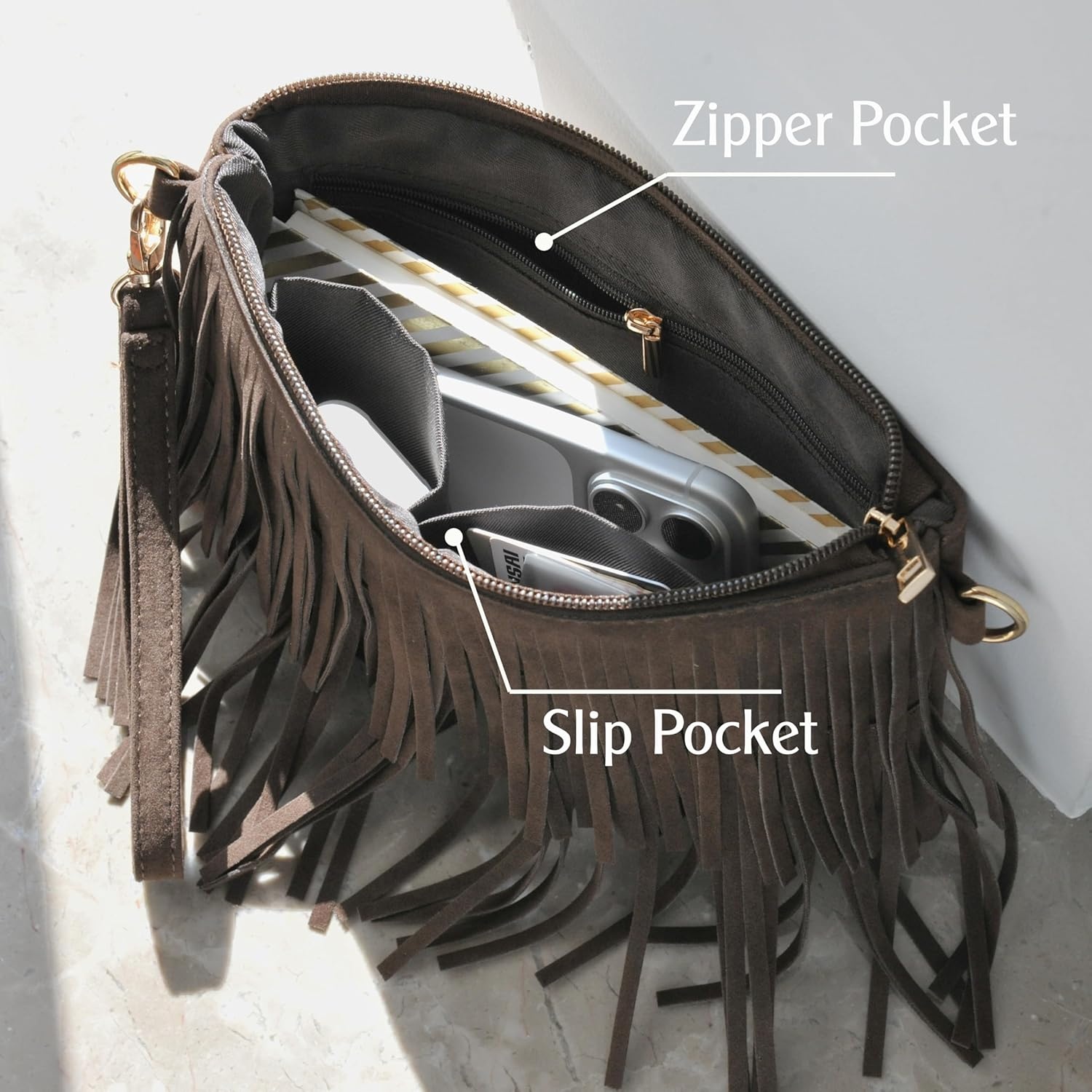 image:imageHOXIS Fringe Cross Body Bag Womens Small Shoulder Bag Top Zip WristletCoffee