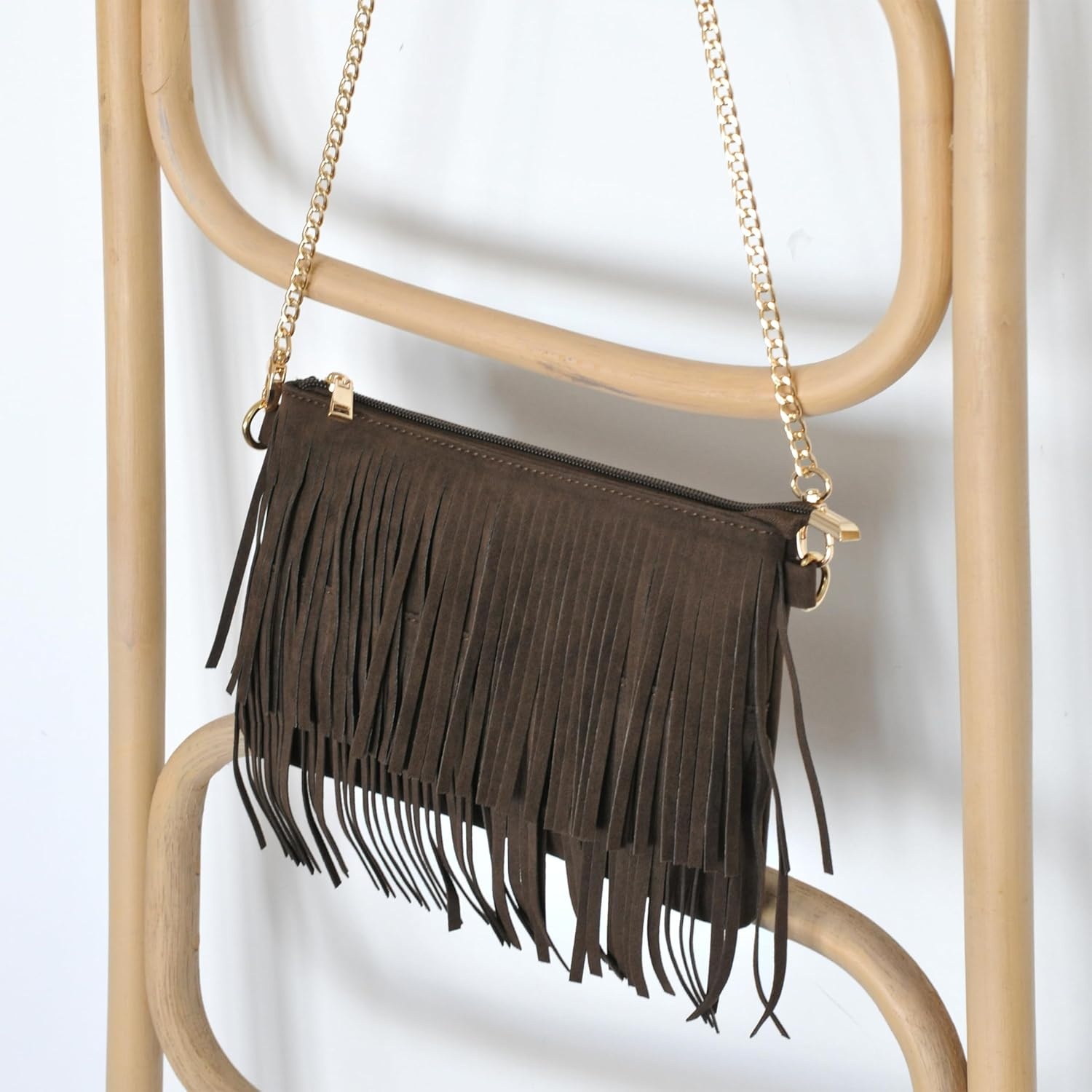 image:imageHOXIS Fringe Cross Body Bag Womens Small Shoulder Bag Top Zip WristletCoffee