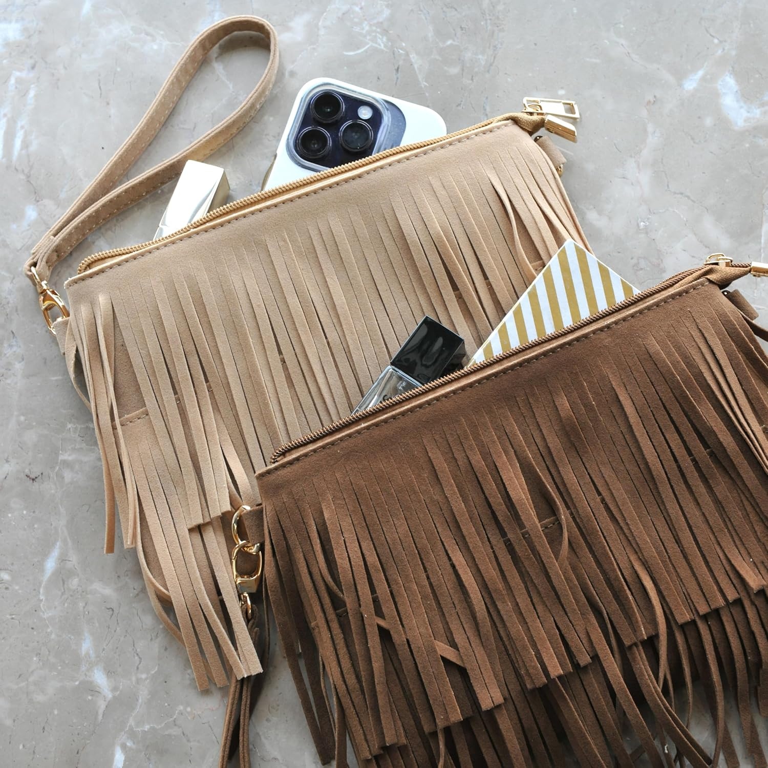 image:imageHOXIS Fringe Cross Body Bag Womens Small Shoulder Bag Top Zip WristletNew Brown