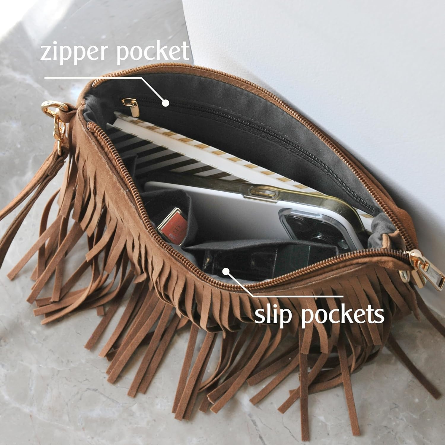 image:imageHOXIS Fringe Cross Body Bag Womens Small Shoulder Bag Top Zip WristletNew Brown