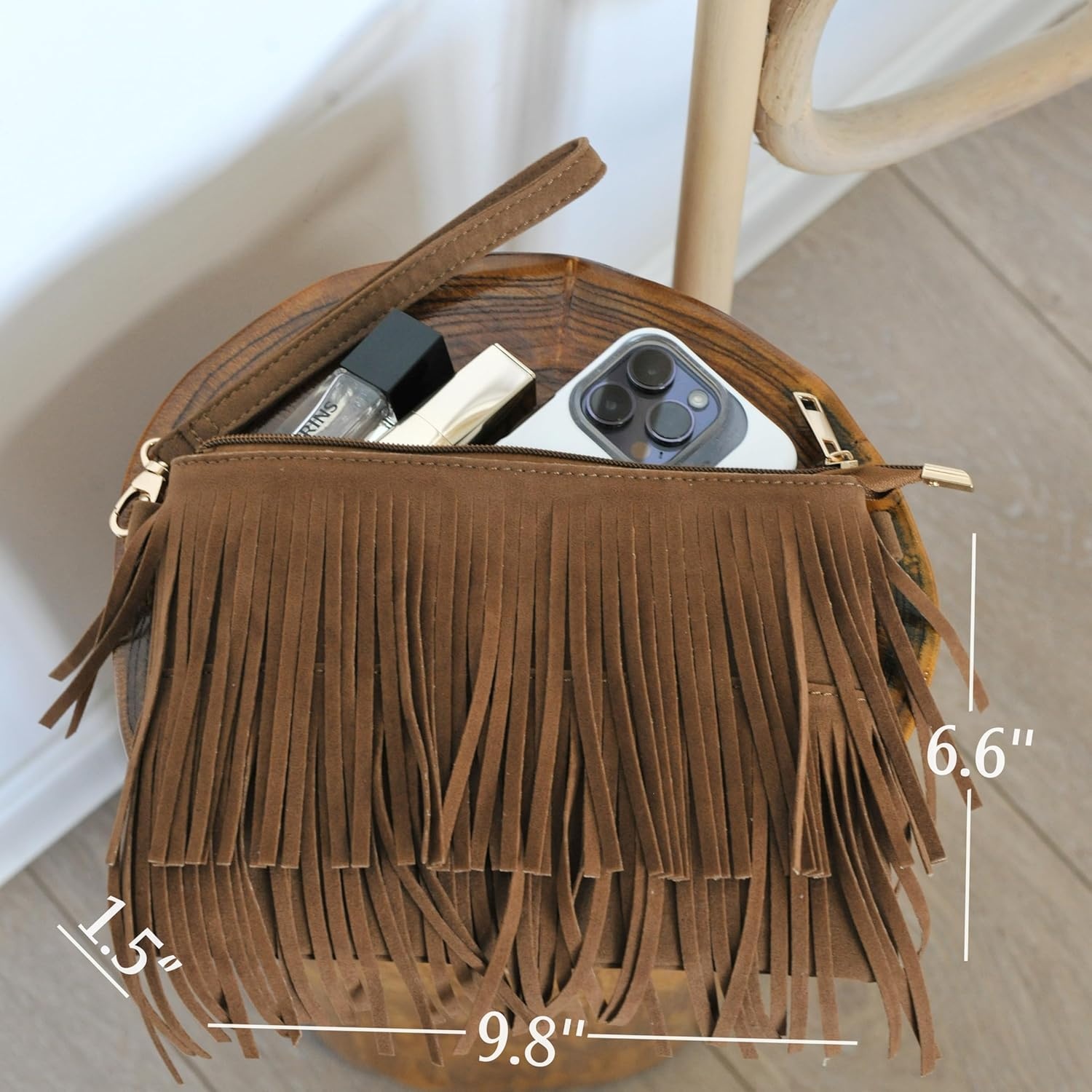 image:imageHOXIS Fringe Cross Body Bag Womens Small Shoulder Bag Top Zip WristletNew Brown